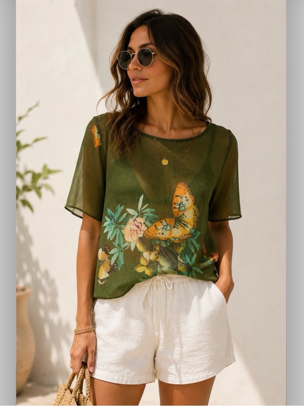 FARM Rio Sheer Butterfly Floral Top Olive Green Short Sleeve Blouse Size M